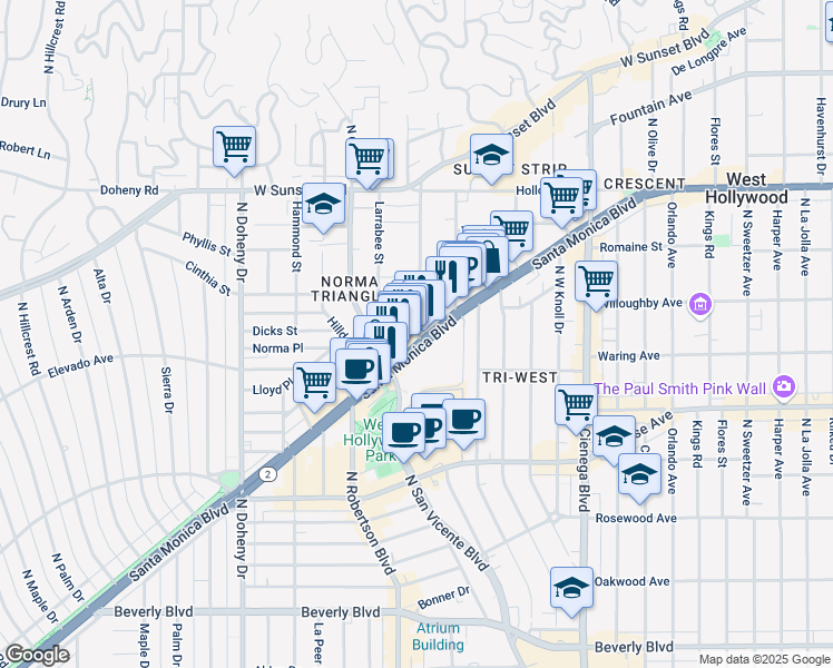 map of restaurants, bars, coffee shops, grocery stores, and more near 805 Palm Avenue in Los Angeles