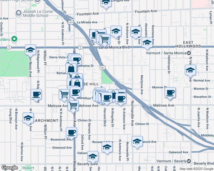 map of restaurants, bars, coffee shops, grocery stores, and more near 845 North Harvard Boulevard in Los Angeles