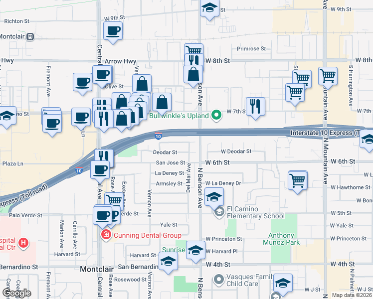 map of restaurants, bars, coffee shops, grocery stores, and more near 5646 Deodar Street in Montclair