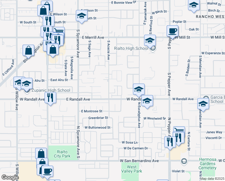 map of restaurants, bars, coffee shops, grocery stores, and more near 851 South Acacia Avenue in Rialto