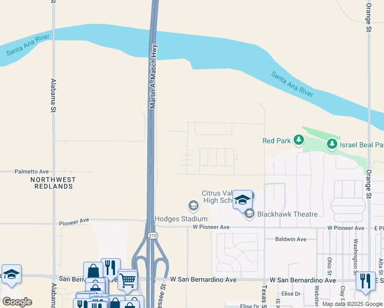 map of restaurants, bars, coffee shops, grocery stores, and more near 2058 Bergamot Street in Redlands