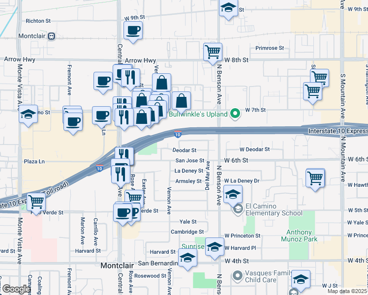 map of restaurants, bars, coffee shops, grocery stores, and more near 5562 Deodar Street in Montclair