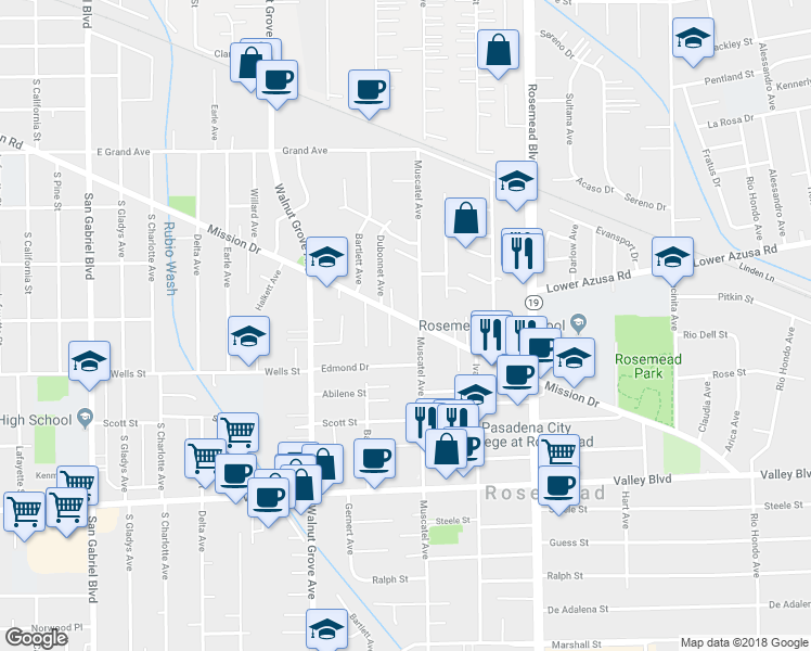 map of restaurants, bars, coffee shops, grocery stores, and more near 8752 Mission Drive in Rosemead