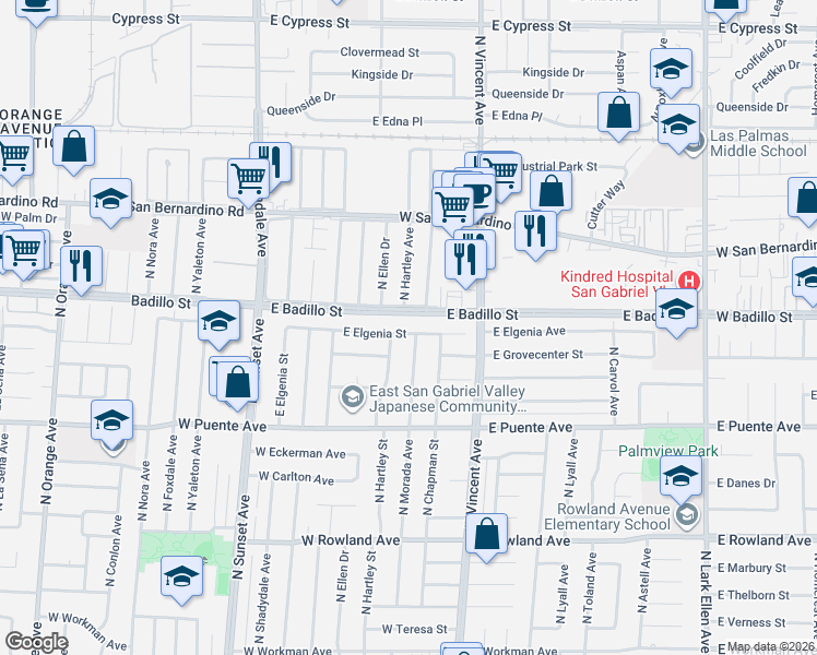 map of restaurants, bars, coffee shops, grocery stores, and more near 16245 East Elgenia Street in Covina