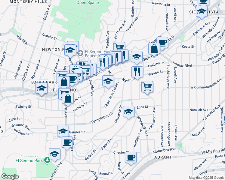 map of restaurants, bars, coffee shops, grocery stores, and more near 3445 Linda Vista Terrace in Los Angeles