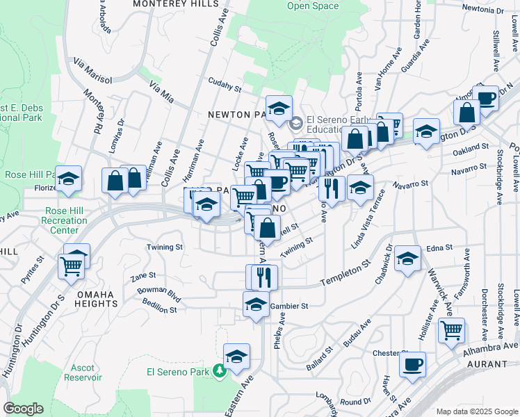 map of restaurants, bars, coffee shops, grocery stores, and more near 2 El Sereno Avenue in Los Angeles