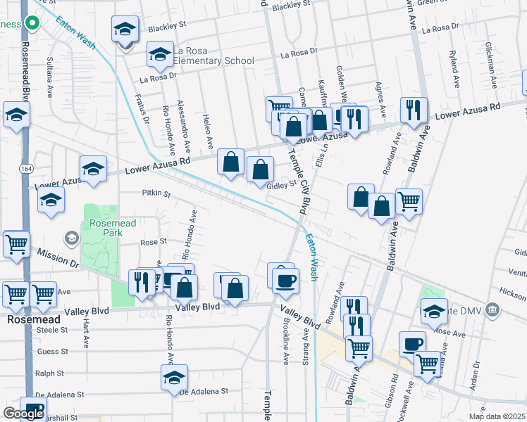 map of restaurants, bars, coffee shops, grocery stores, and more near 89 Linden Lane in Temple City