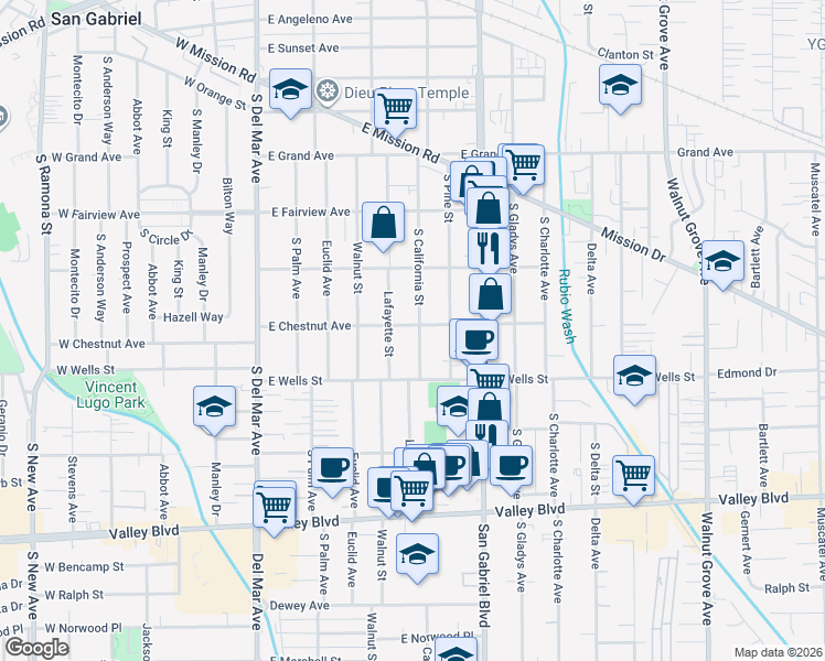 map of restaurants, bars, coffee shops, grocery stores, and more near 1201 South California Street in San Gabriel