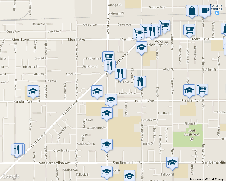 map of restaurants, bars, coffee shops, grocery stores, and more near 9232 Elwood Avenue in Fontana