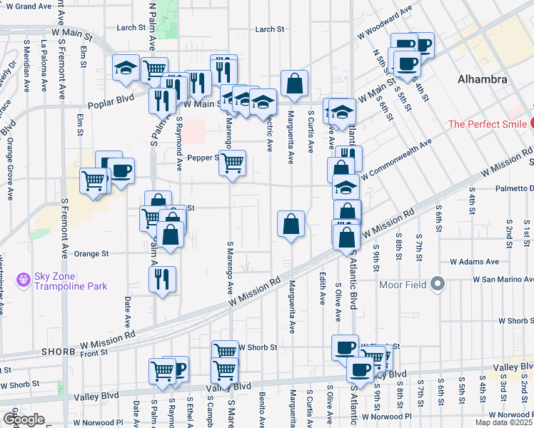 map of restaurants, bars, coffee shops, grocery stores, and more near 405 Electric Avenue in Alhambra