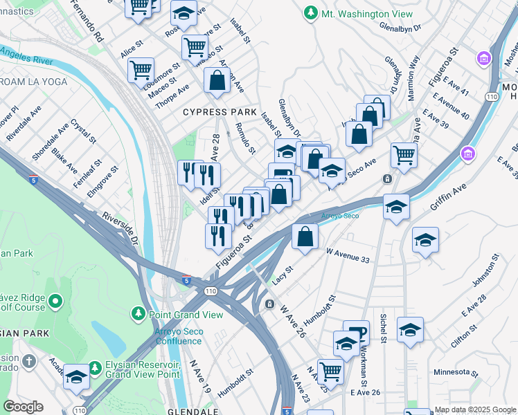 map of restaurants, bars, coffee shops, grocery stores, and more near 3207 North River Street in Los Angeles