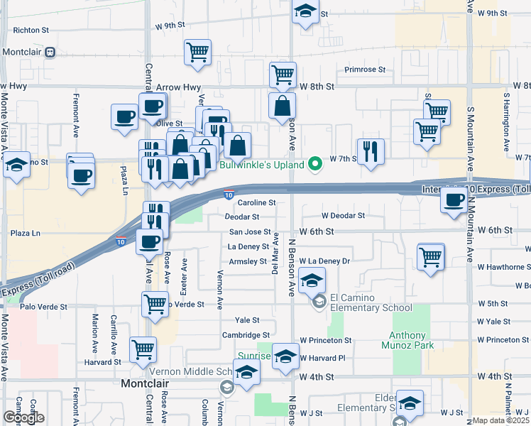 map of restaurants, bars, coffee shops, grocery stores, and more near 5626 Deodar St in Montclair