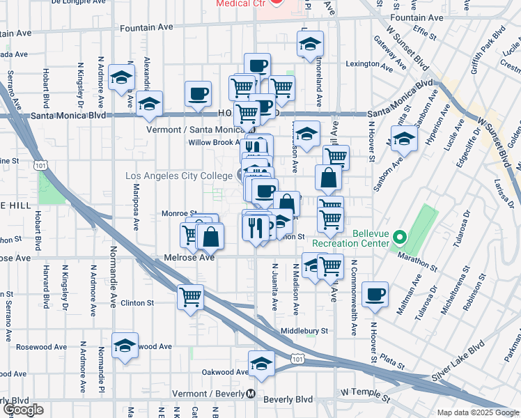 map of restaurants, bars, coffee shops, grocery stores, and more near 814 North Vermont Avenue in Los Angeles