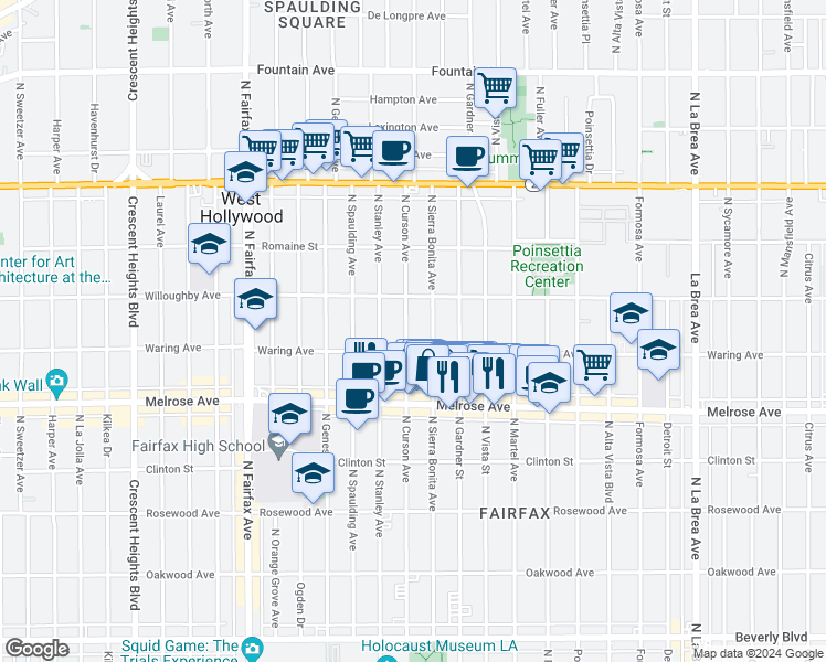 map of restaurants, bars, coffee shops, grocery stores, and more near 824 North Curson Avenue in Los Angeles