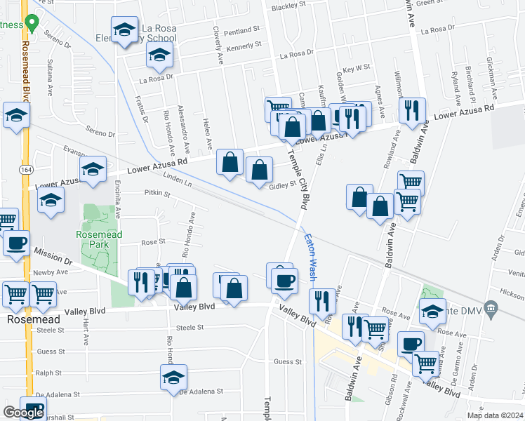 map of restaurants, bars, coffee shops, grocery stores, and more near 89 Linden Lane in Temple City