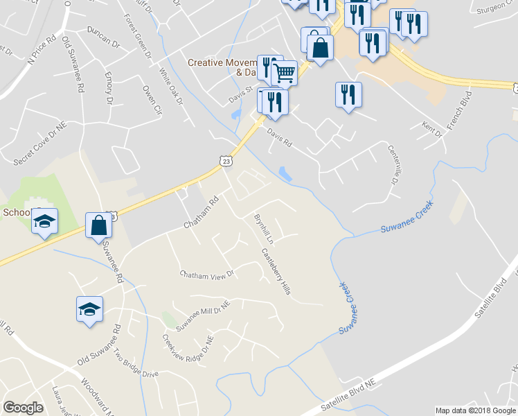 map of restaurants, bars, coffee shops, grocery stores, and more near 1387 Castleberry Drive in Buford