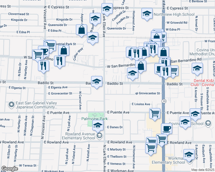 map of restaurants, bars, coffee shops, grocery stores, and more near 1270 Badillo Street in Covina