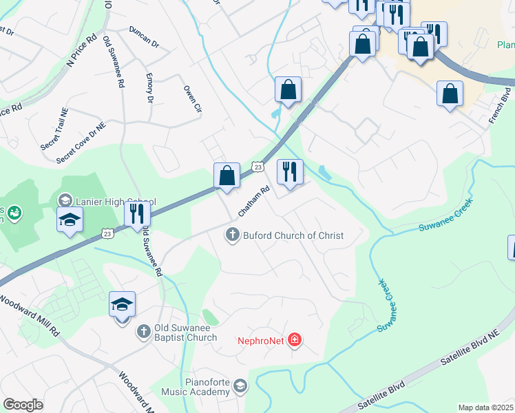 map of restaurants, bars, coffee shops, grocery stores, and more near 1187 Chatham Road in Buford