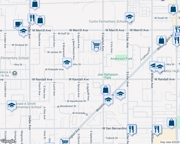 map of restaurants, bars, coffee shops, grocery stores, and more near 840 South Brampton Avenue in Rialto