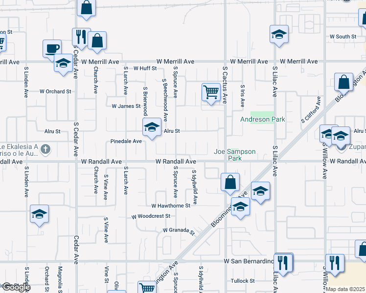 map of restaurants, bars, coffee shops, grocery stores, and more near 848 South Arrowhead Avenue in Rialto