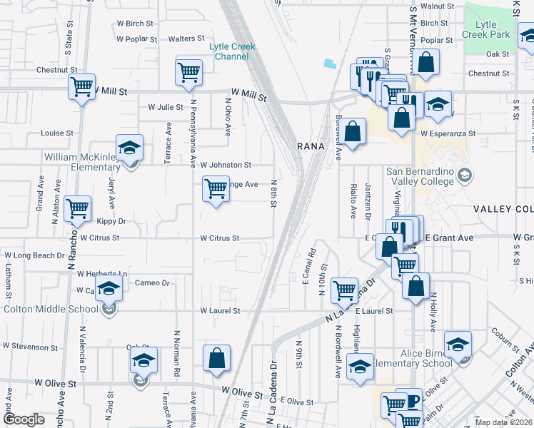 map of restaurants, bars, coffee shops, grocery stores, and more near 1651 North 8th Street in Colton