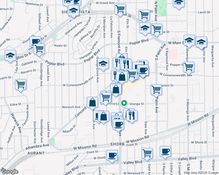 map of restaurants, bars, coffee shops, grocery stores, and more near 2712 Concord Avenue in Alhambra