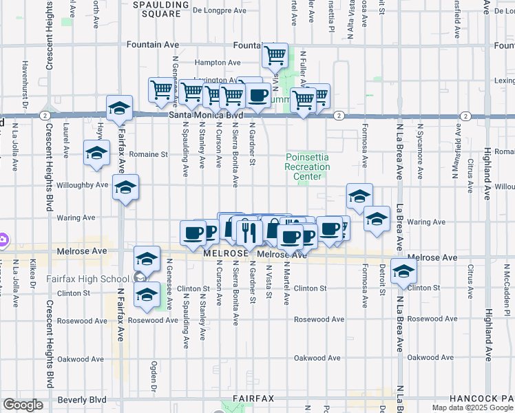 map of restaurants, bars, coffee shops, grocery stores, and more near 824 North Gardner Street in Los Angeles