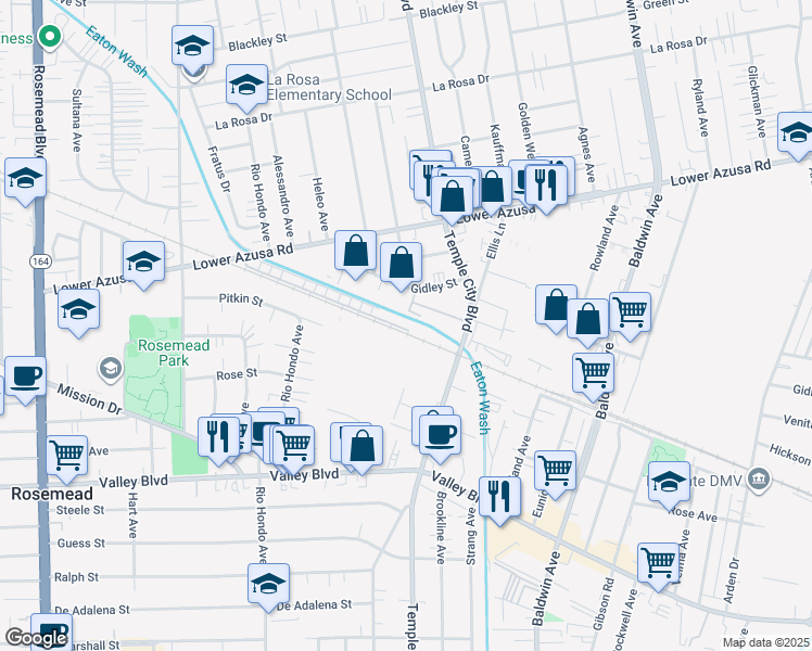 map of restaurants, bars, coffee shops, grocery stores, and more near 91 Linden Lane in Temple City