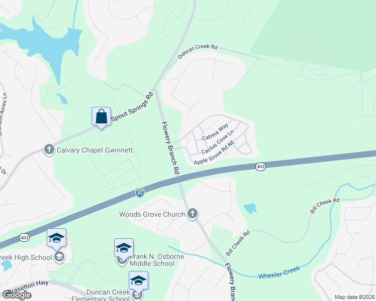 map of restaurants, bars, coffee shops, grocery stores, and more near 6097 Apple Grove Road Northeast in Buford