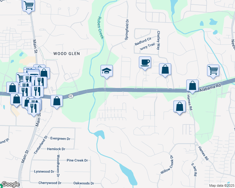 map of restaurants, bars, coffee shops, grocery stores, and more near 132 Maple Creek Way in Woodstock