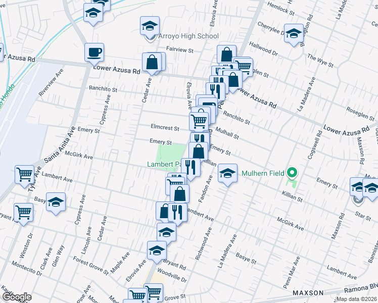 map of restaurants, bars, coffee shops, grocery stores, and more near 4450 Elrovia Avenue in El Monte