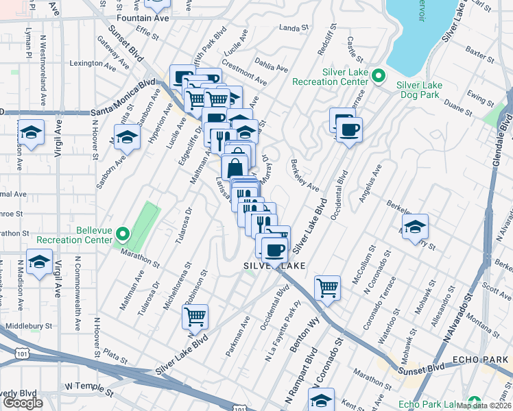map of restaurants, bars, coffee shops, grocery stores, and more near 3221 Sunset Boulevard in Los Angeles