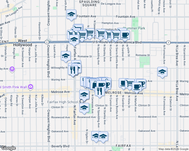 map of restaurants, bars, coffee shops, grocery stores, and more near 822 North Genesee Avenue in Los Angeles
