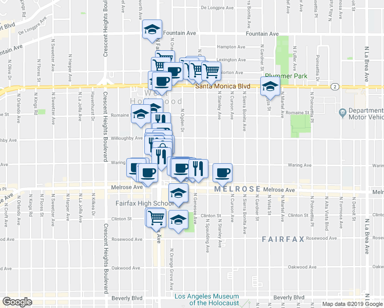 map of restaurants, bars, coffee shops, grocery stores, and more near 823 North Genesee Avenue in Los Angeles