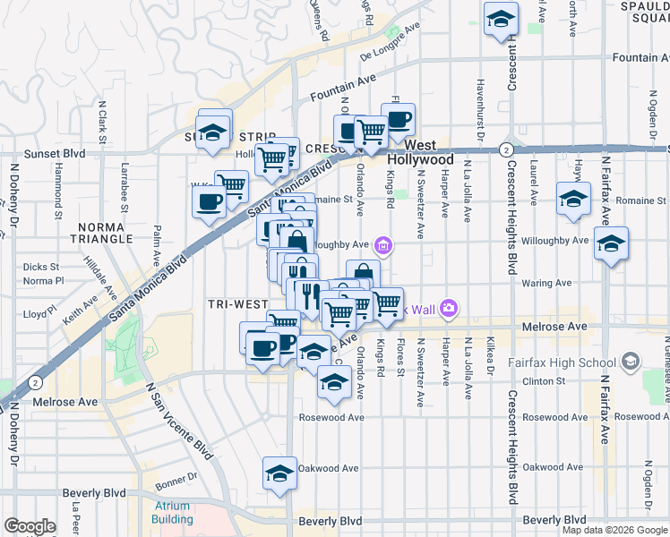 map of restaurants, bars, coffee shops, grocery stores, and more near 822 North Croft Avenue in Los Angeles