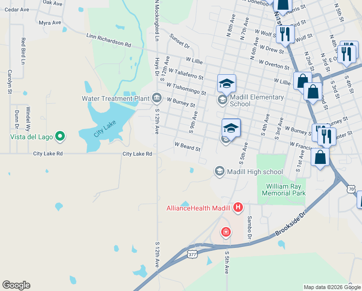 map of restaurants, bars, coffee shops, grocery stores, and more near 907 West Beard Street in Madill