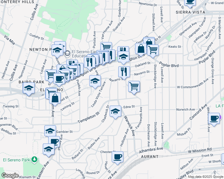 map of restaurants, bars, coffee shops, grocery stores, and more near 3504 Chadwick Drive in Los Angeles