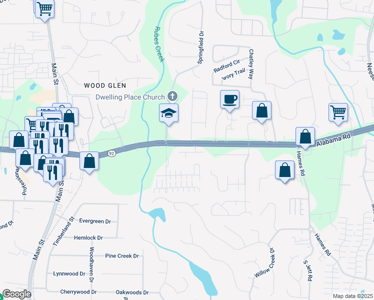 map of restaurants, bars, coffee shops, grocery stores, and more near 130 Maple Creek Way in Woodstock