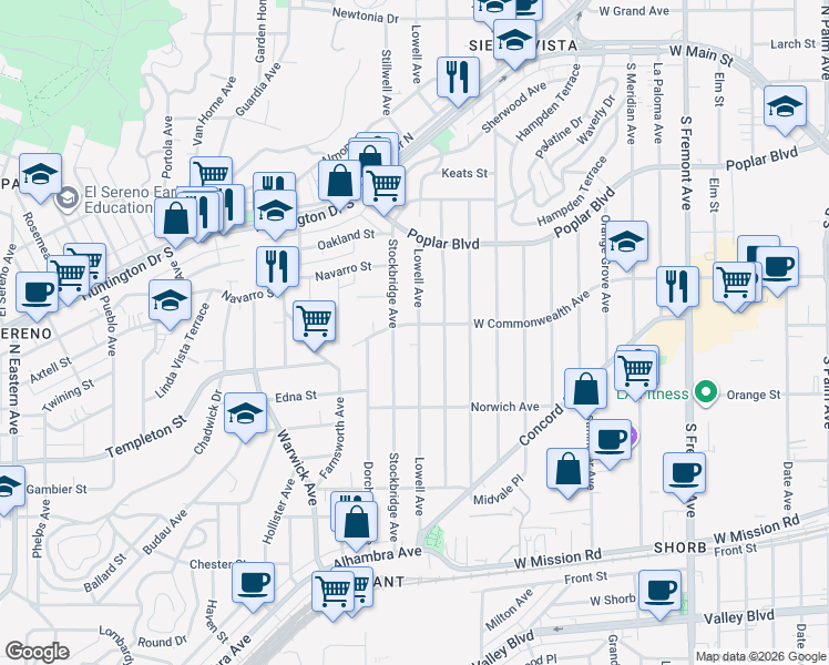 map of restaurants, bars, coffee shops, grocery stores, and more near 5482 Templeton Street in Los Angeles