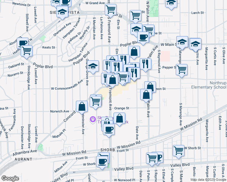 map of restaurants, bars, coffee shops, grocery stores, and more near 723 Fremont Avenue in Alhambra