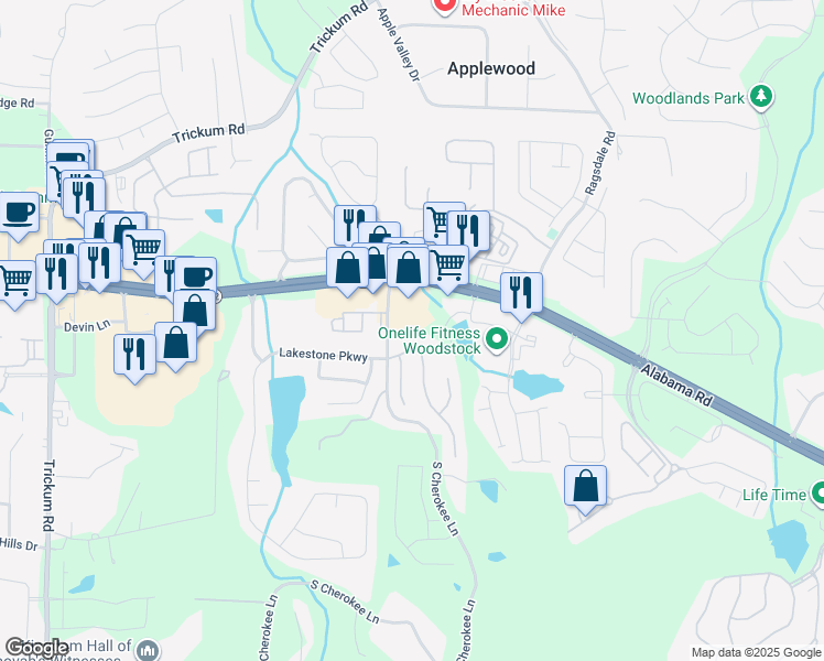 map of restaurants, bars, coffee shops, grocery stores, and more near 3200 South Cherokee Lane in Woodstock