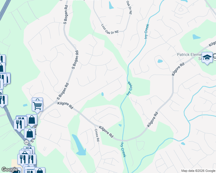 map of restaurants, bars, coffee shops, grocery stores, and more near 2323 Ivy Crest Drive in Buford