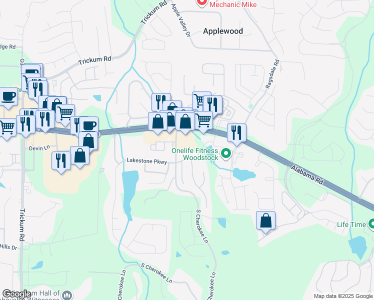 map of restaurants, bars, coffee shops, grocery stores, and more near 3200 South Cherokee Lane in Woodstock
