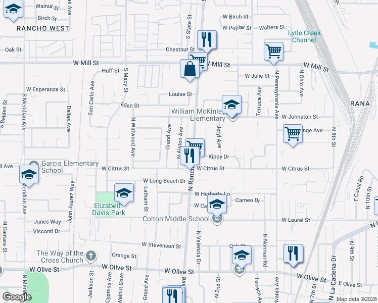 map of restaurants, bars, coffee shops, grocery stores, and more near 1665 North Rancho Avenue in Colton