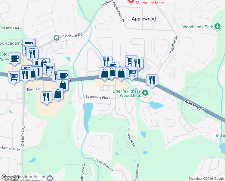 map of restaurants, bars, coffee shops, grocery stores, and more near 3203 South Cherokee Lane in Woodstock