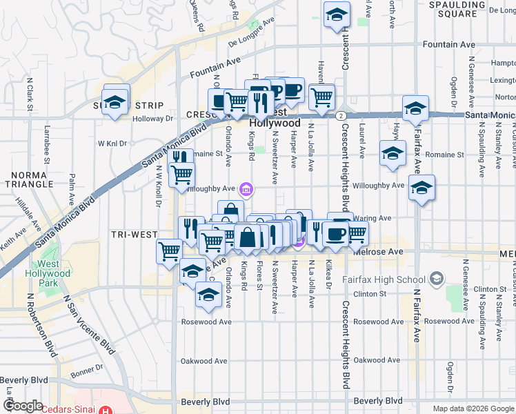 map of restaurants, bars, coffee shops, grocery stores, and more near 826 North Kings Road in West Hollywood