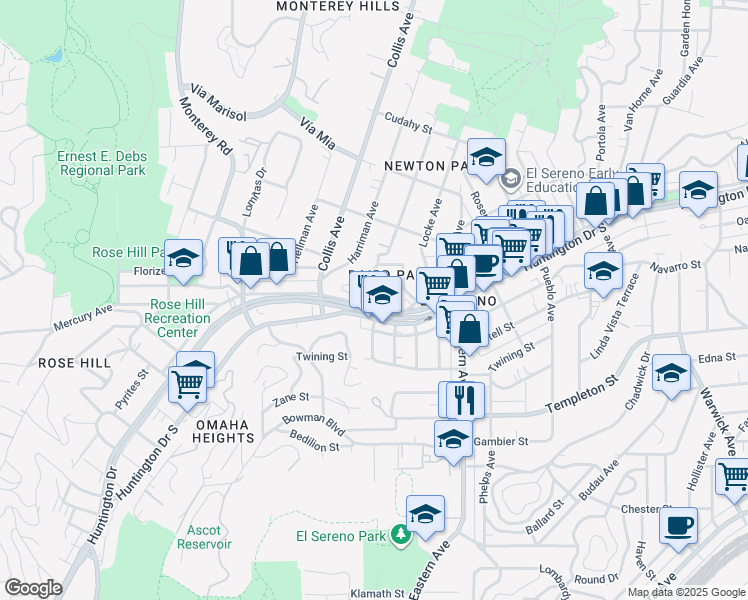 map of restaurants, bars, coffee shops, grocery stores, and more near 4765 Huntington Drive North in Los Angeles