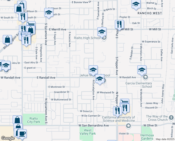 map of restaurants, bars, coffee shops, grocery stores, and more near 3127 West Santolinas Street in Rialto