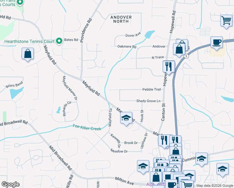 map of restaurants, bars, coffee shops, grocery stores, and more near 310 Shady Grove Lane in Alpharetta
