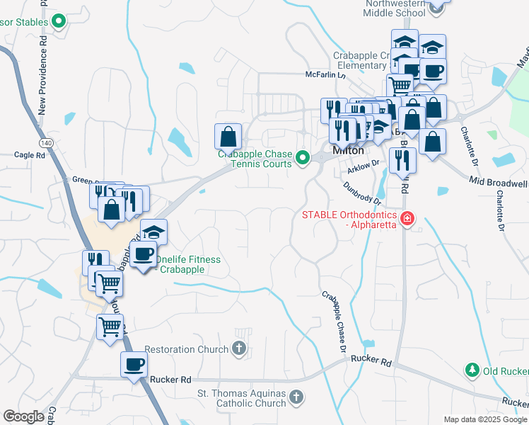 map of restaurants, bars, coffee shops, grocery stores, and more near 12490 Crabapple Tree Court in Alpharetta